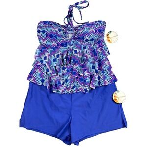 Catalina Tankini Swim Set Womens XL Blue Tropical Print NWT Beach Resort Chic